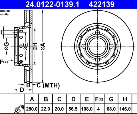Disc frana ATE 24.0122-0139.1 — AUDI 80 B4 Avant (8C5) 2.0 E 1995
