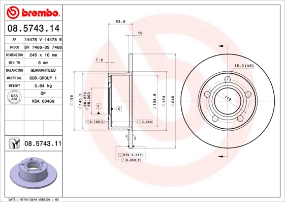 Disc frana BREMBO 08.5743.11 — VW Passat