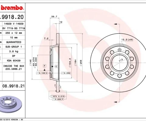Disc frana BREMBO 08.9918.21 — VW Passat