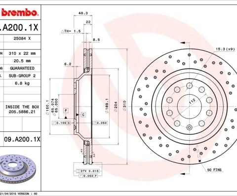 Disc frana BREMBO 09.A200.1X — VW Passat