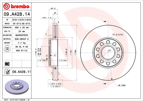 Disc frana BREMBO 09.A428.11 — VW Passat