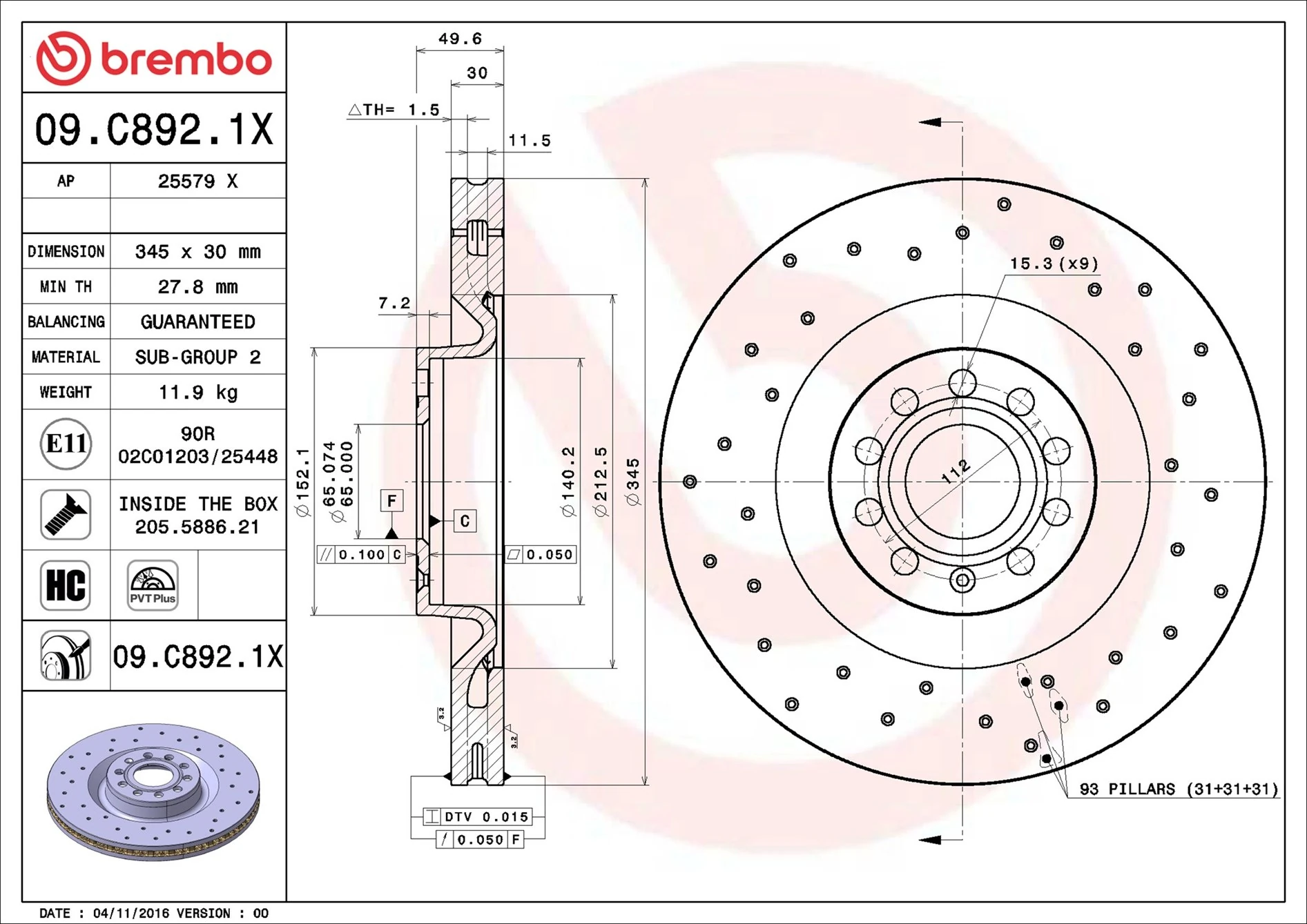 Disc frana BREMBO 09.C892.1X — VW Passat