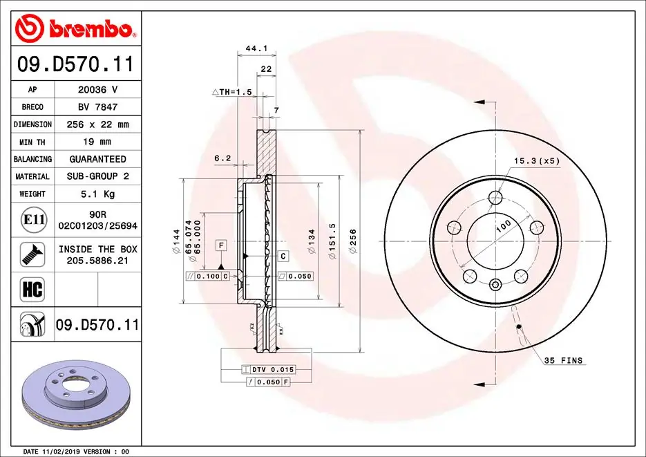 Disc frana BREMBO 09.D570.11 — Skoda Fabia