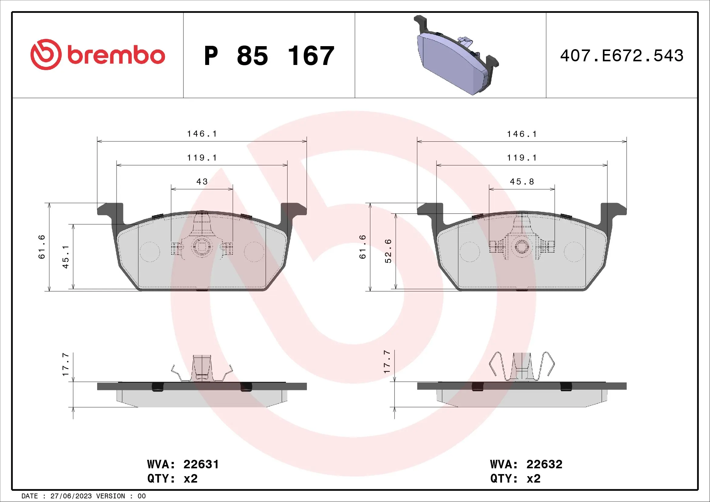 set placute frana,frana disc BREMBO P 85 167 — Skoda Fabia